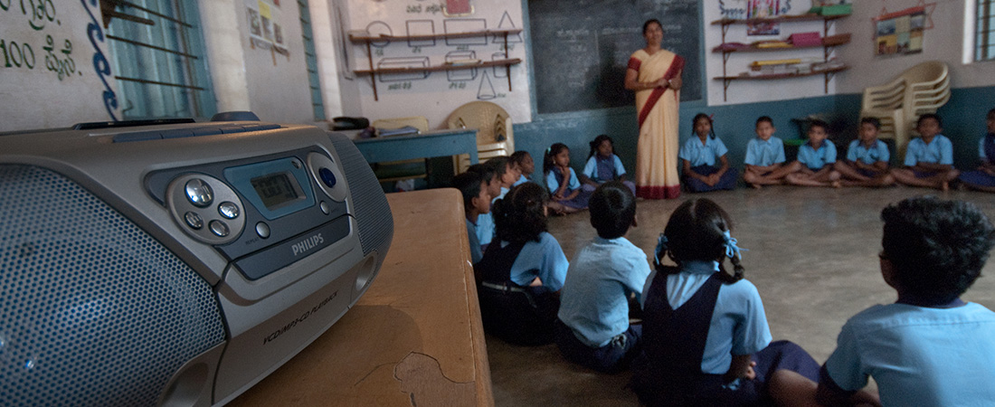 Classroom using interactive audio instruction. A photo of a classroom using interactive audio instruction.