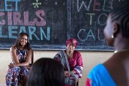 First Lady Michelle Obama hears from Rebecca Flomo, a learner in the USAID Advancing Youth Program in Liberia. Mrs. Obama’s visit was part of the Let Girls Learn initiative.